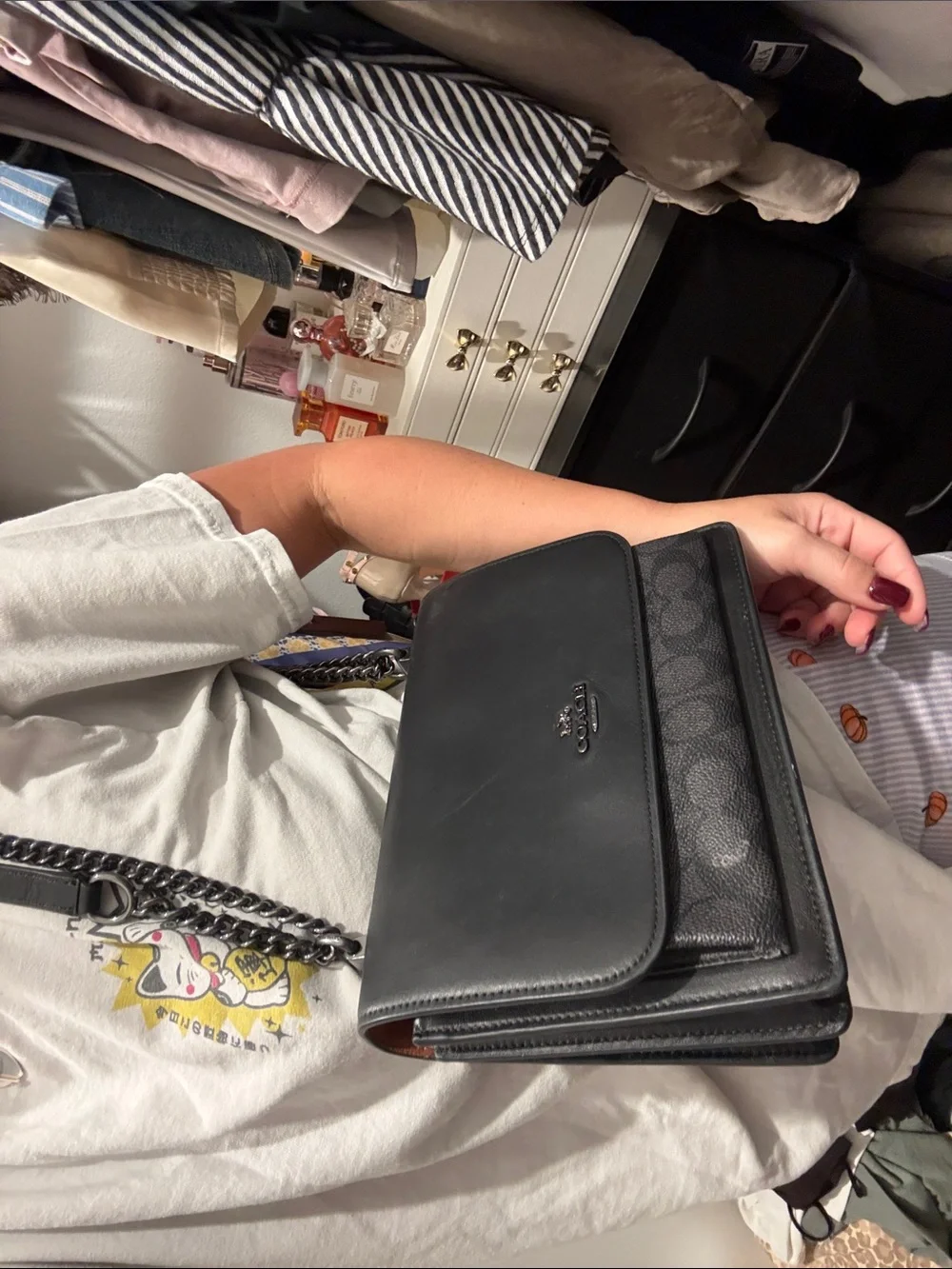 Coach Black Leather & Signature Canvas Chain Shoulder Bag